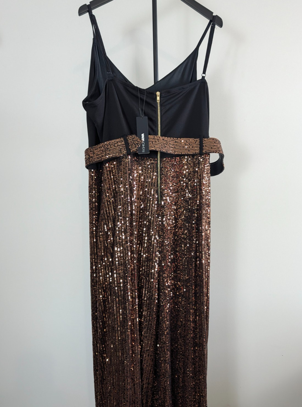 NWT Fashion Nova Jumpsuit Medium Black Bronze Copper Sequin Belted Party Bodycon